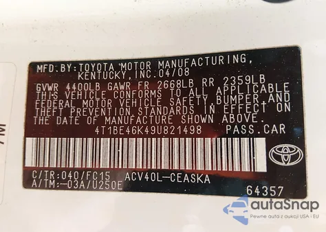 2009 Toyota Camry Se from USA, damaged, VIN 4T1BE46K49U821498